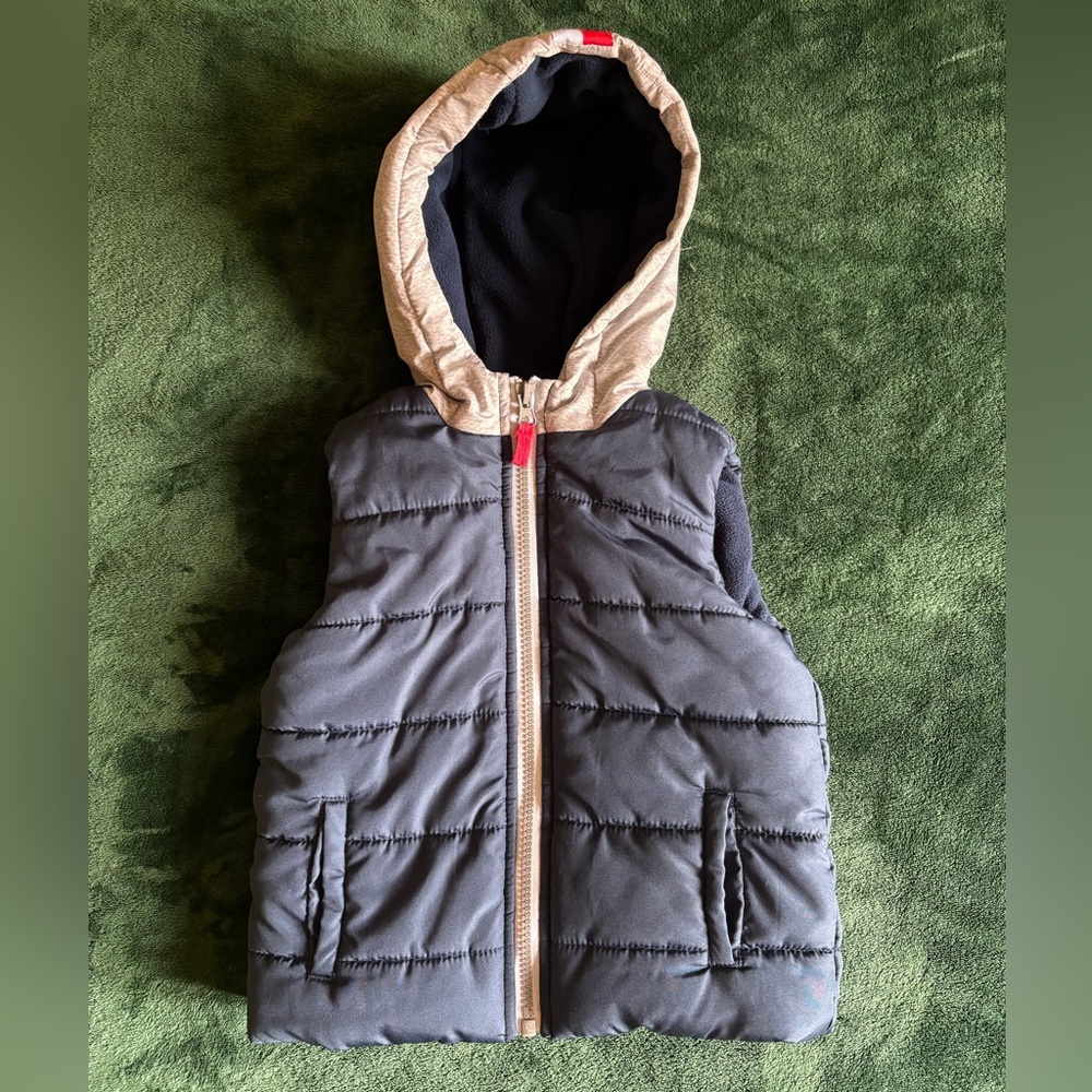 Kids Puffer Vest with Hood - Blue and Grey, Size 2T